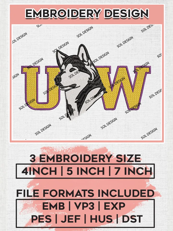 UW Huskies College Football Team Logo Embroidery Design Files, NCAA Washington Huskies Machine Embroidery, NCAA Teams, 3 sizes, NCAA Machine embroidery designs, Digital Download