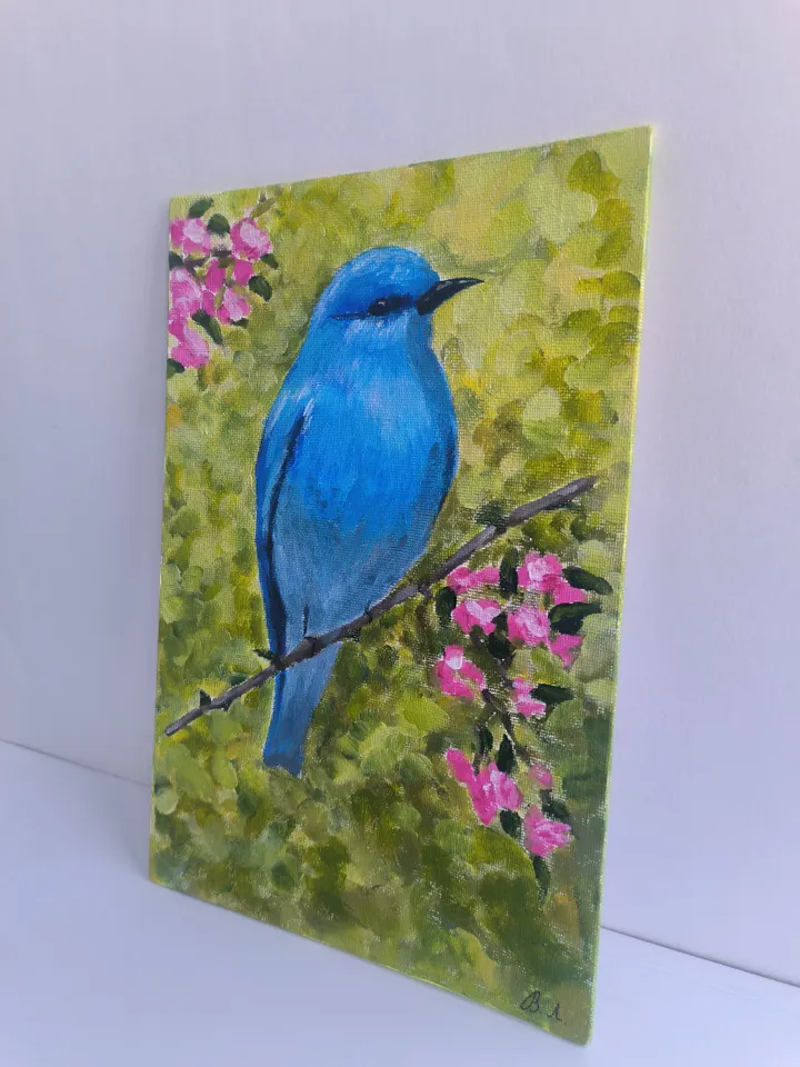 Bird painting, Blue sialia painting, Acrylic painting, Bird, Brightly colored bird
