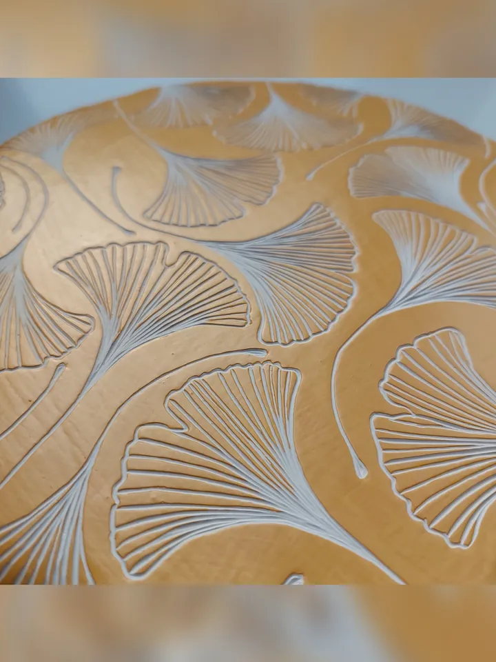Ginkgo leaves. Paint carving. Diameter is 21.5 cm