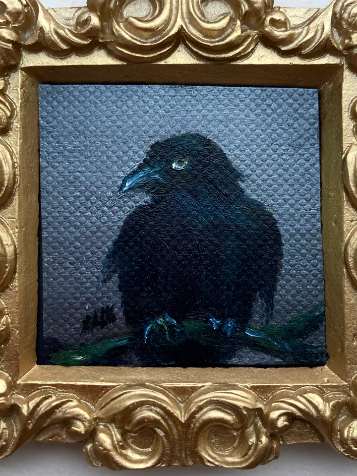 Framed Raven Painting Small Original Witch’s Friend Artwork Crow Art Tiny Oil Painting Bird
