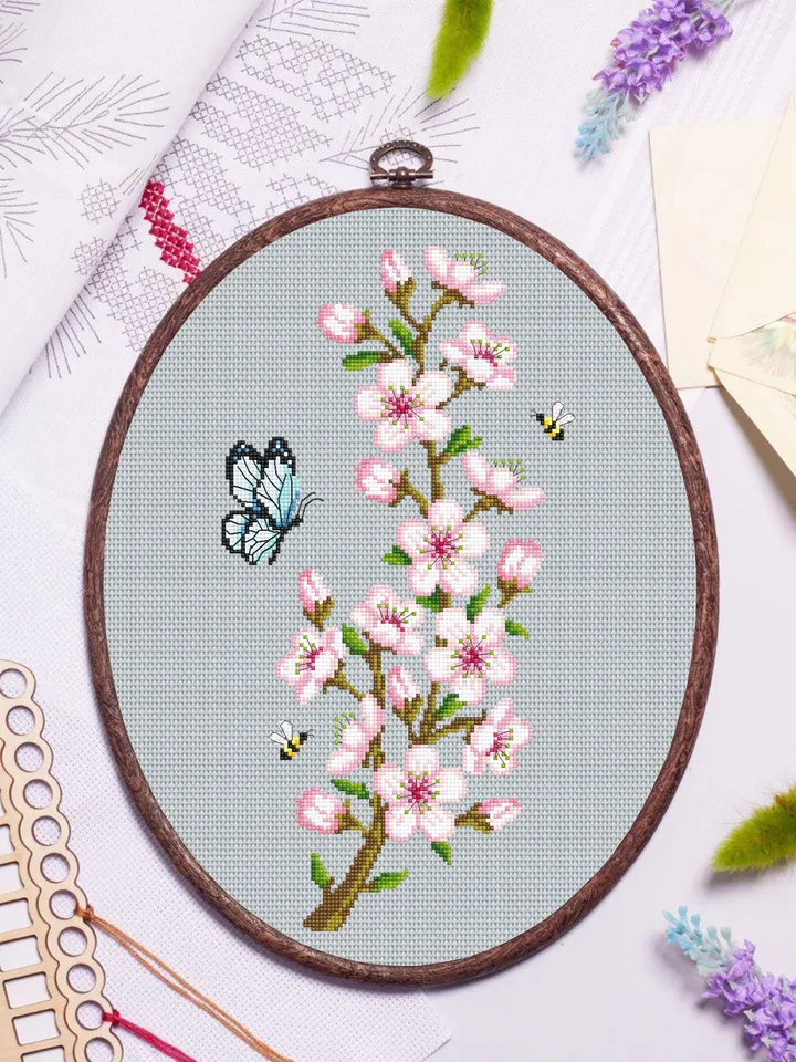 Cherry blossom branch cross stitch pattern PDF download Spring flowers cross stitch chart, Floral pattern digital PDF, Sakura blossom #P54