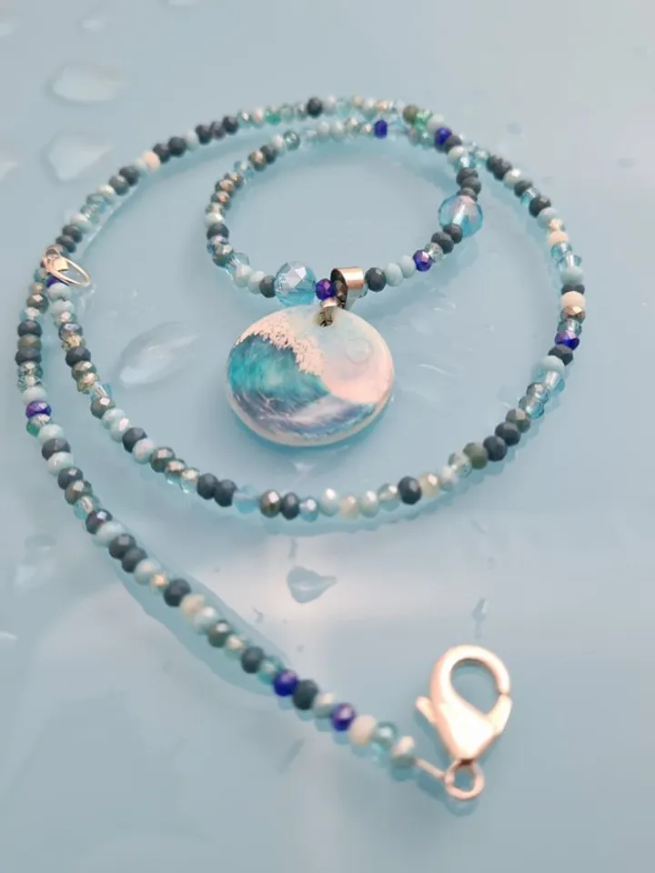 Wave necklace, surfer jewelry, sea wave miniature painting on pearl pendant