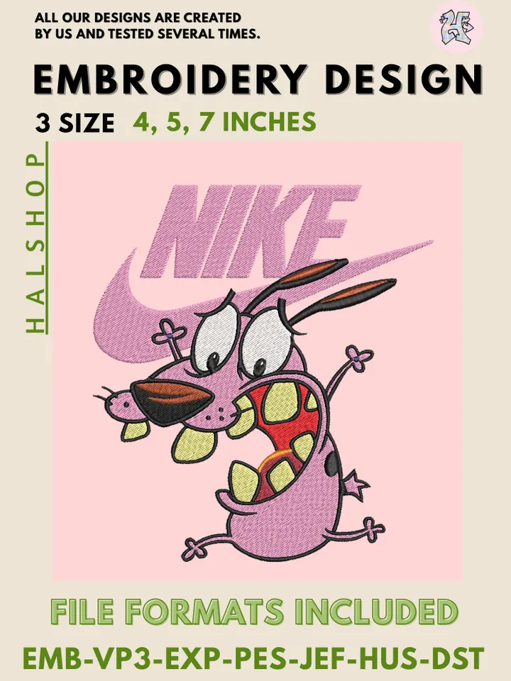 Courage the Cowardly Dog x Nike Machine Embroidery Design – Cartoon Digital Embroidery File 💀🐾