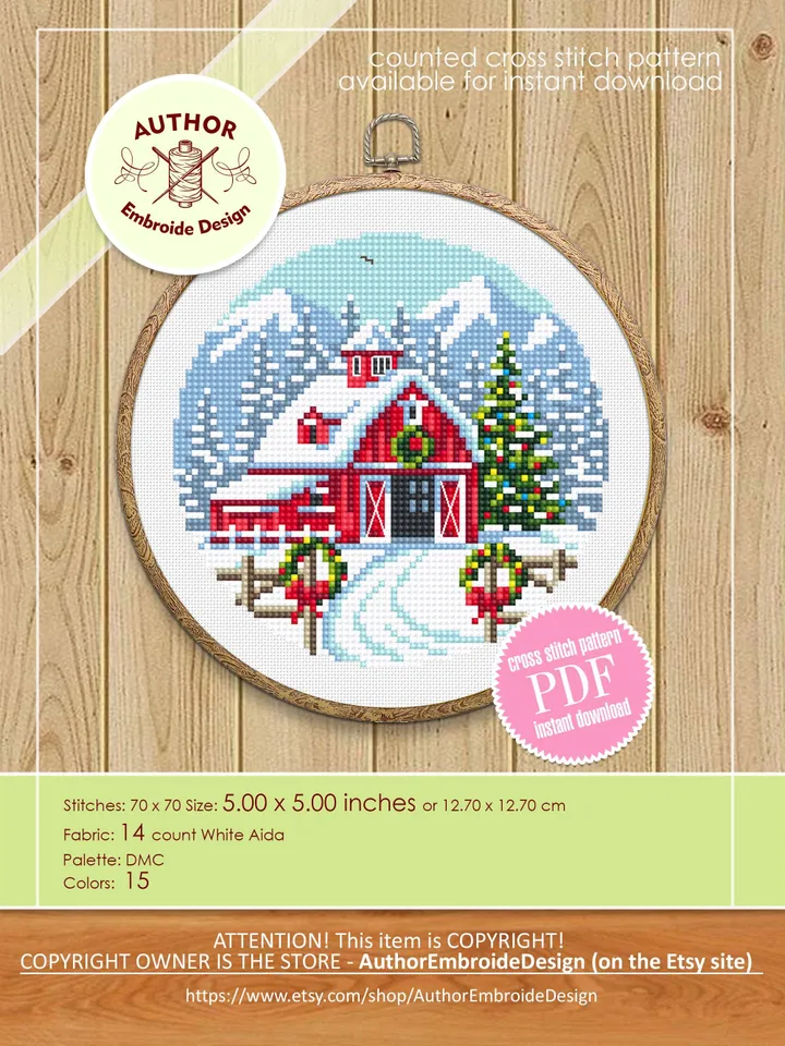 Christmas houses cross stitch pattern PDF download Winter landscape cross stitch chart, Merry Christmas pattern digital PDF, Red barn #N180