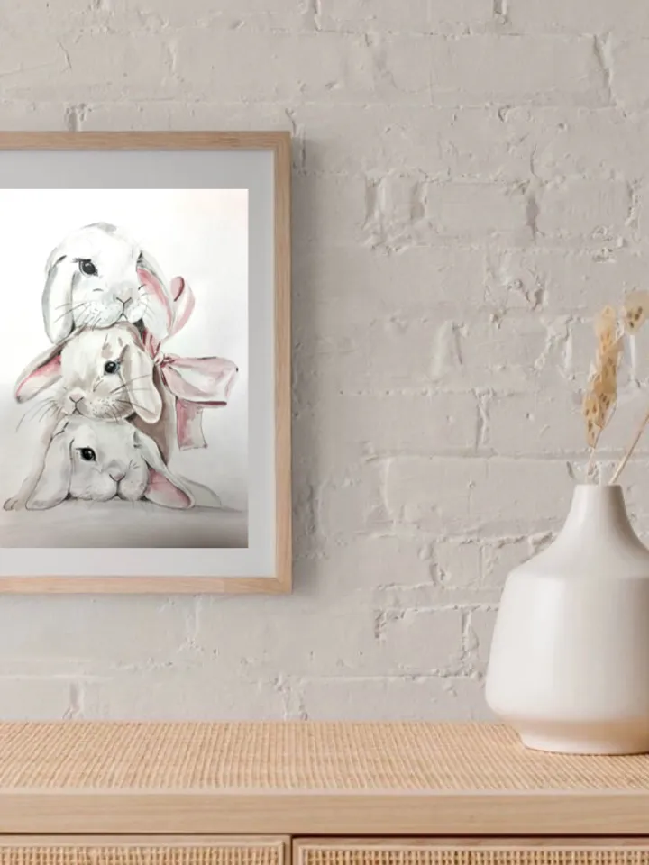 Cute bunnies painting children room wall art original watercolour hand painted modern painting