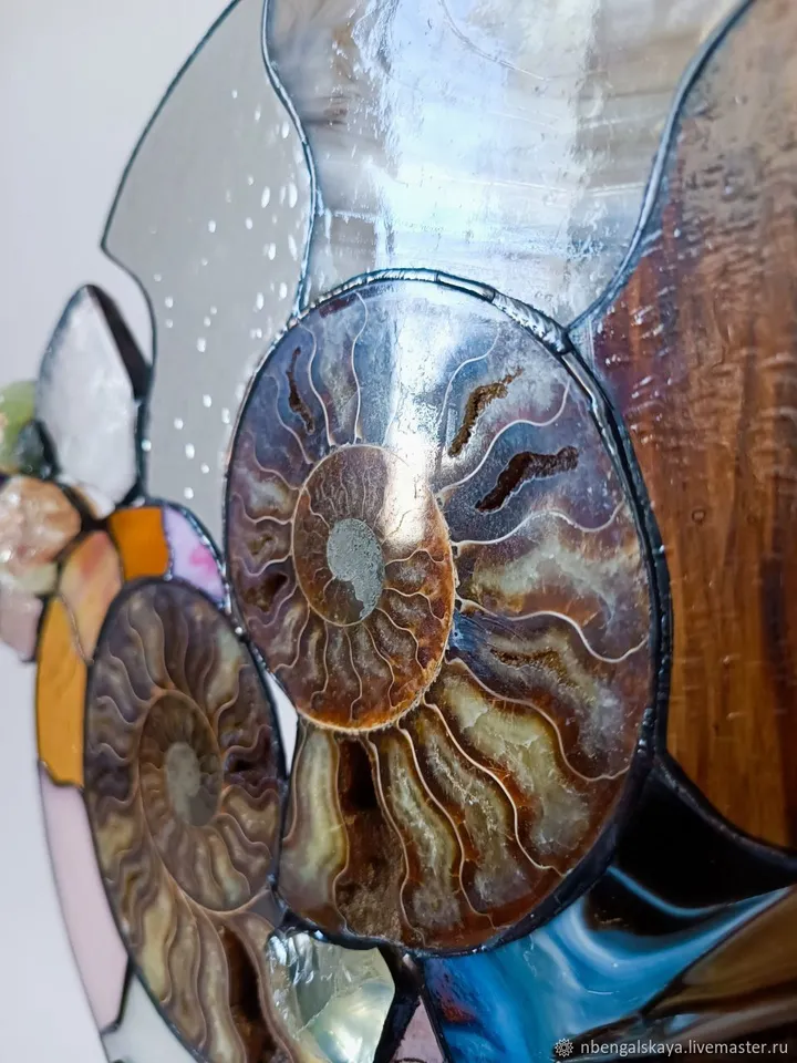 Paired Ammonites on a Stand, Paired Stained Glass Ammonites on Stand, Paired Ammonites, Ammonite Duo on Stand, Twin Fossil Ammonites, Ammonite Sculpture with Gemstones, Stained Glass and Ammonite Art, , Twin Ammonites with Stained Glass Accents