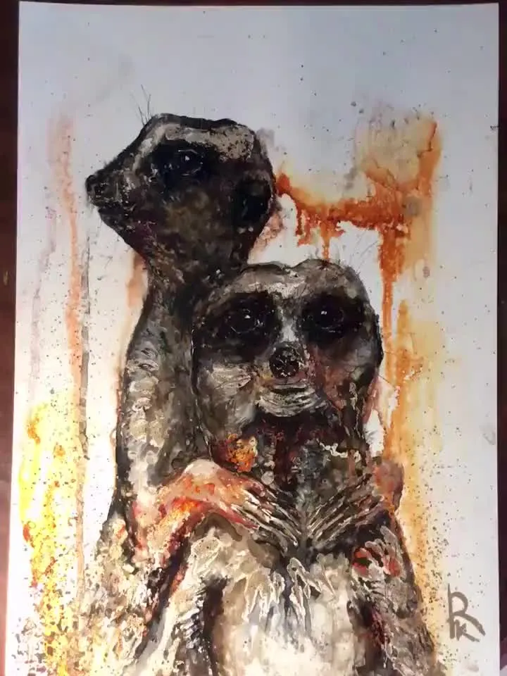 Couple of meerkats,original mix media painting on yupo paper,alcohol inks and watercolour painting,wall decoration,unique gift.