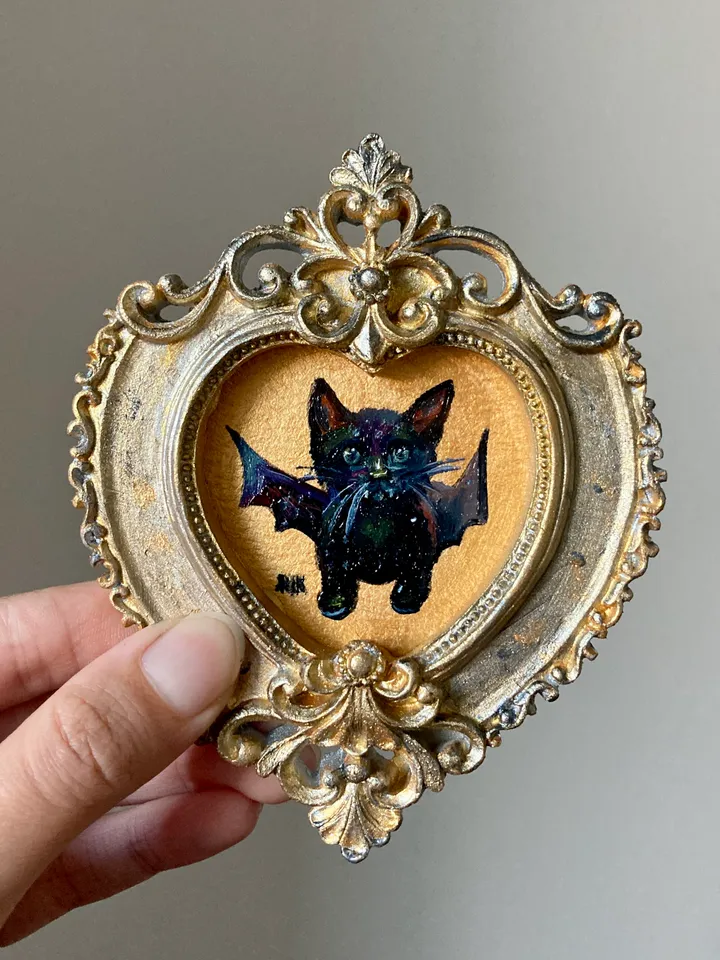 Bat Painting Small Framed Art Goth Painting Bat Gifts, Mini Gold Framed Decor, Cat Bat, Black Cat Art, Tiny Art Whimsigoth Decor