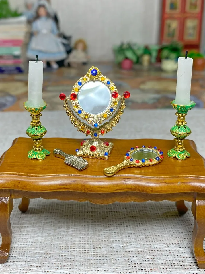 Accessories for a dollhouse in scale 1:12. Table mirror. Candles in candlesticks. Dollhouse miniature.