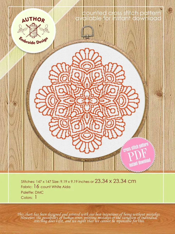 Mandala cross stitch pattern download PDF Modern quick cross stitch Monochrome cross stitch Flower mandala digital beginner stitch #M142