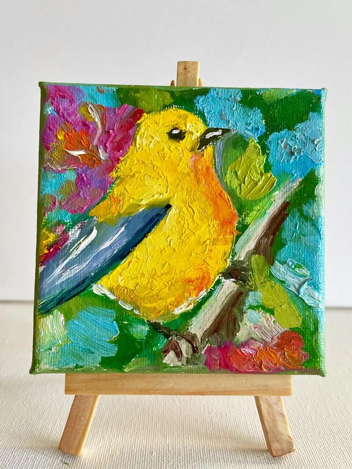 Yellow Wabler Painting, Bird Original oil Painting on Canvas, Wildlife Art, Miniature Artwork 4"x 4"