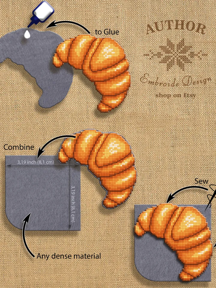 Corner bookmark cross stitch pattern PDF download Croissant cross stitch chart, Food bookmark digital PDF, Funny bookmark for beginner #B245