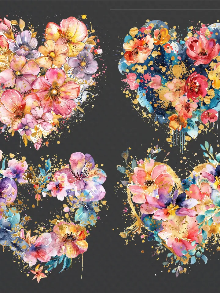 20 Floral Heart PNG Clipart, Watercolor clipart, Floral Heart sublimation, Golden Hear in flowers clip art, Digital download, junk journal