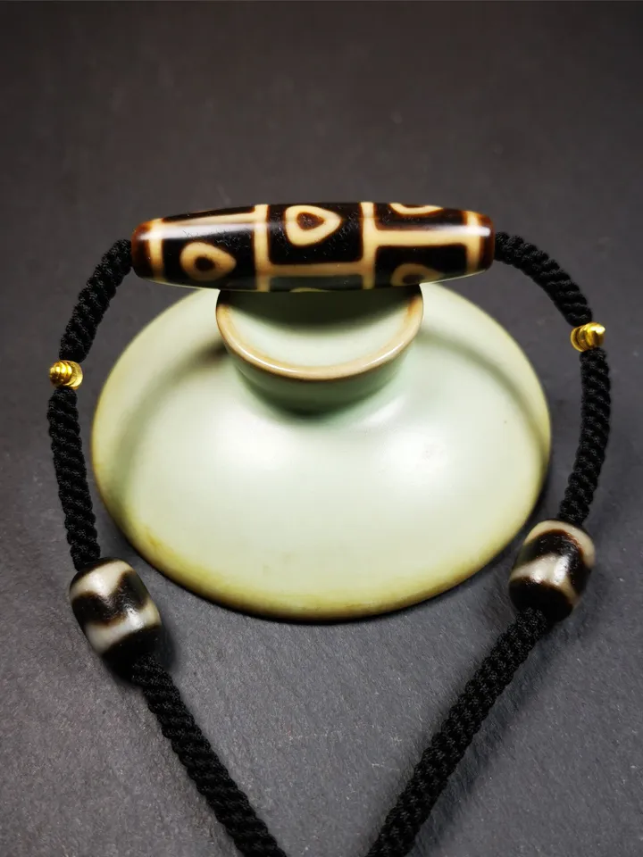 Gandhanra Antique Tibetan 9 Eyed Bodhi Dzi Bead Necklace, 2.1" x 0.51", 40 Years Old