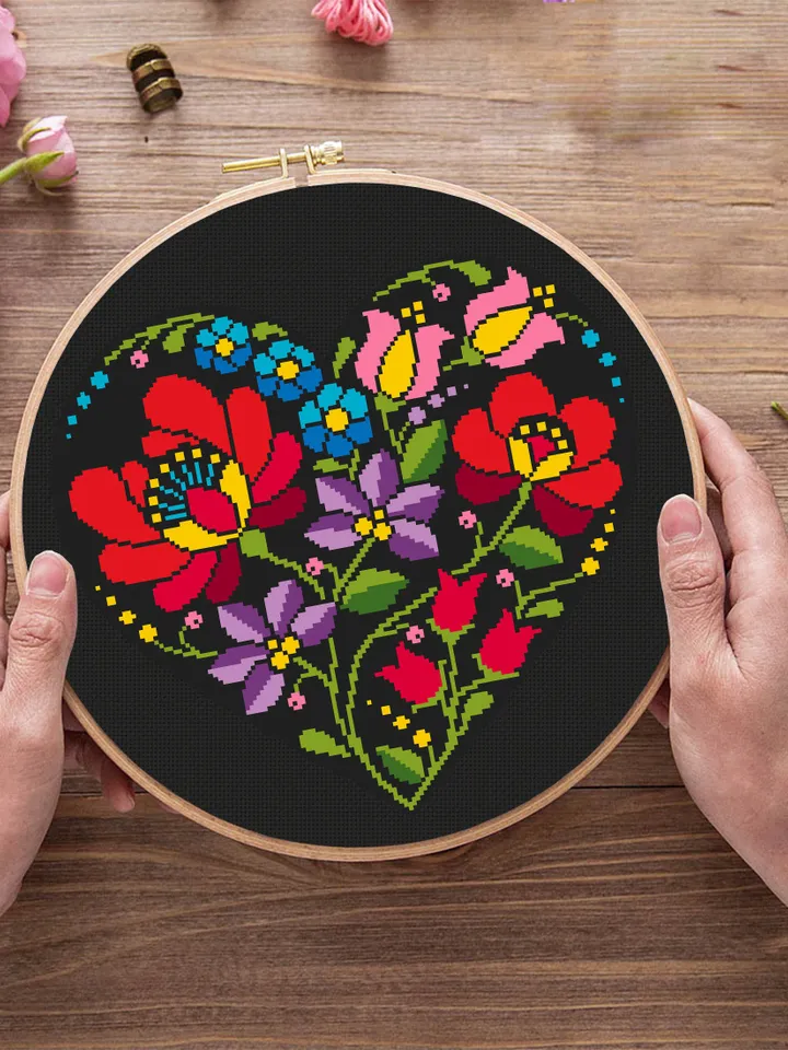 Flower heart cross stitch pattern PDF download Folk flowers cross stitch chart, Floral ornament heart shaped, Heart ornament pattern #P36