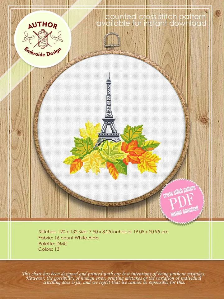 Eiffel Tower cross stitch pattern PDF download Fall cross stitch Maple leaf cross stitch chart Modern France embroidery Paris decor #E2