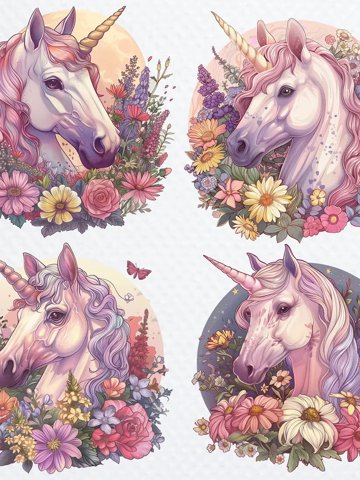 12 Unicorn in flowers Clipart, Unicorn Сlip Art, Cute Unicorn digital download, Flower Unicorn Png, sublimation Unicorn Png
