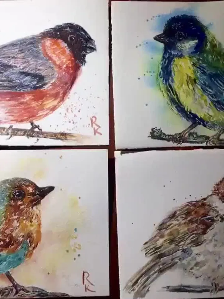 Set of 4 original watercolor birds painting,wall decoration,small paintings gifts,birds wall art,birds painting.