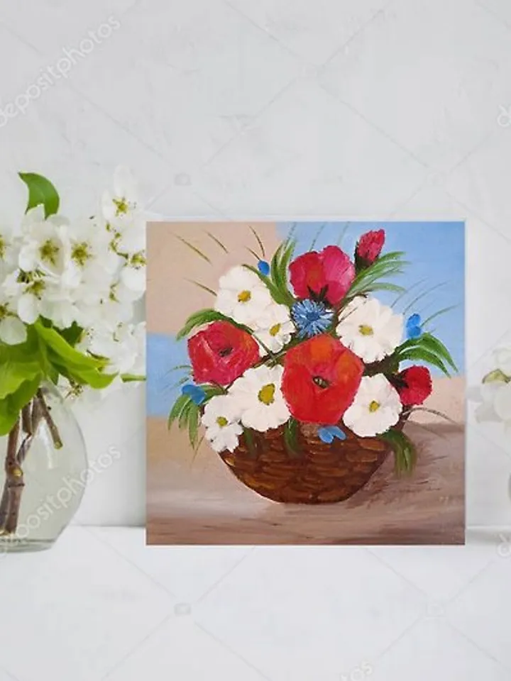 Painting with red flowers Basket daisies Original floral art Original painting