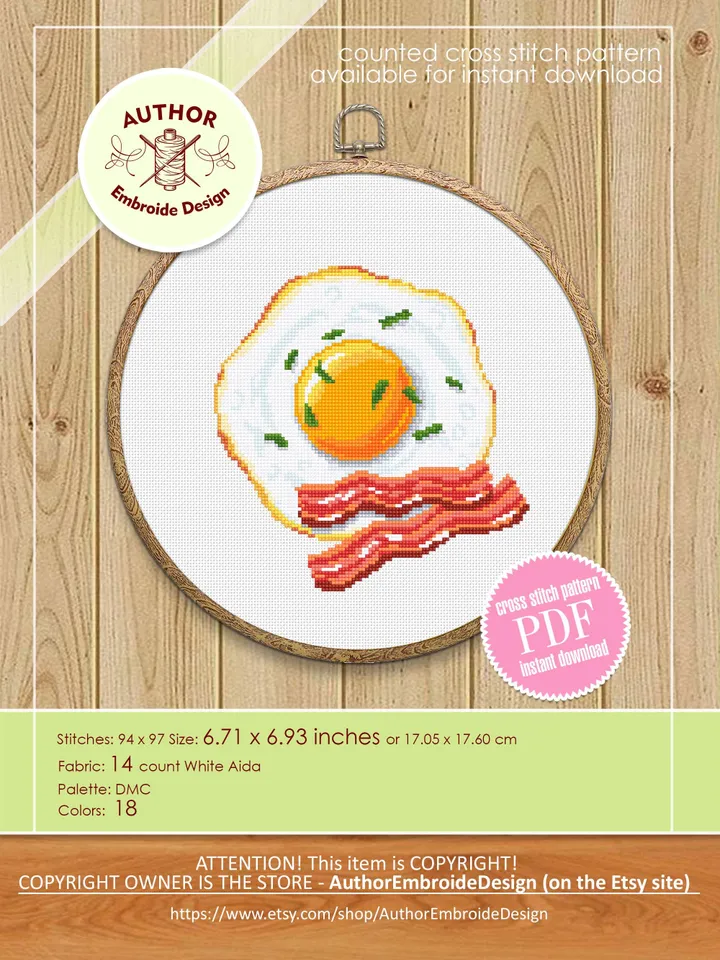Fried egg with bacon cross stitch pattern PDF download Food cross stitch chart for beginners, Egg pattern digital PDF, Kitchen decor #F22