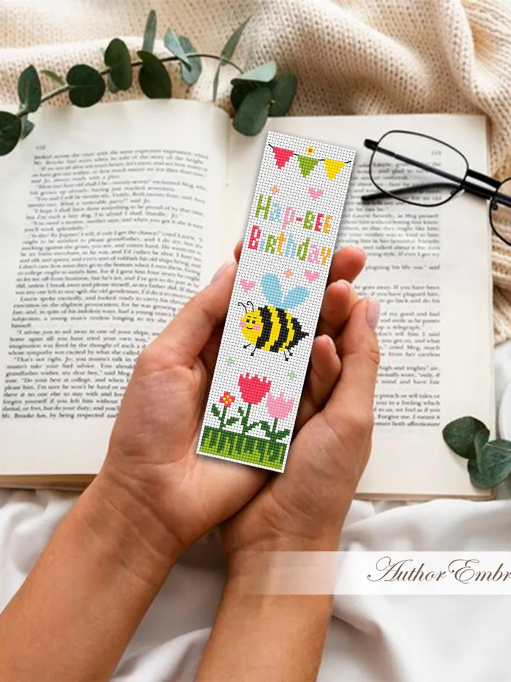 Birthday bookmark cross stitch pattern PDF download Funny bee cross stitch chart, Simple bookmark pattern digital PDF for beginners #B455