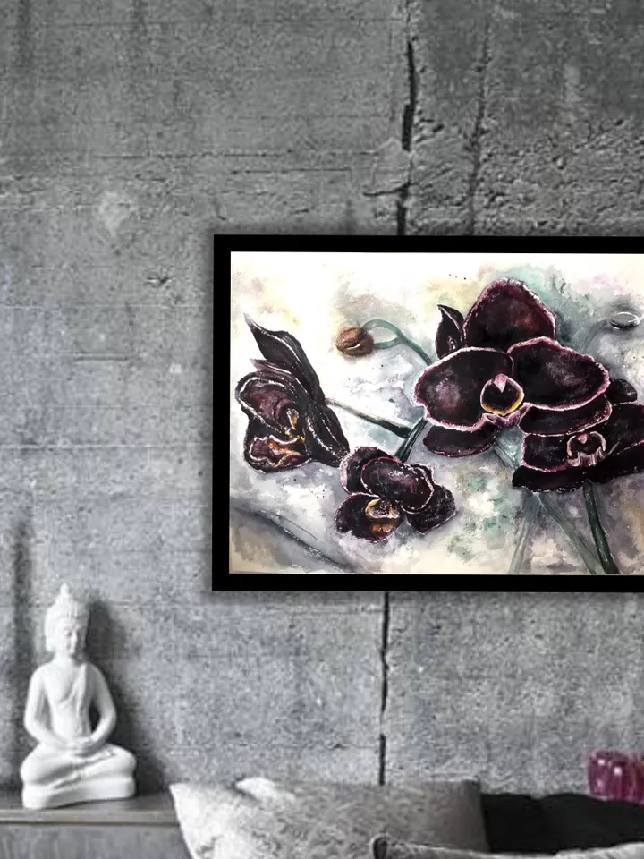 Black orchids,original watercolour painting,orchids wall art,watercolor flowers wall decoration.