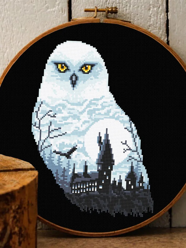Owl silhouette cross stitch pattern download PDF Magic castle cross stitch Wizard school xstitch chart Halloween moon pattern digital #H32