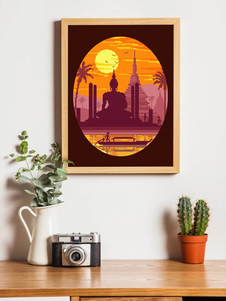 Thailand Buddha statue cross stitch pattern download PDF Nature landscape embroidery Sunset cross stitch Buddha painting stitch chart #L6
