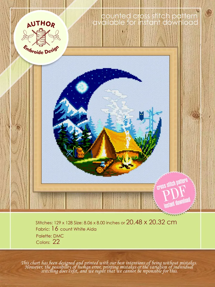 Camping cross stitch pattern download PDF Nature landscape cross stitch Campfire tent xstitch chart Adventure awaits Nature lover gift #L26