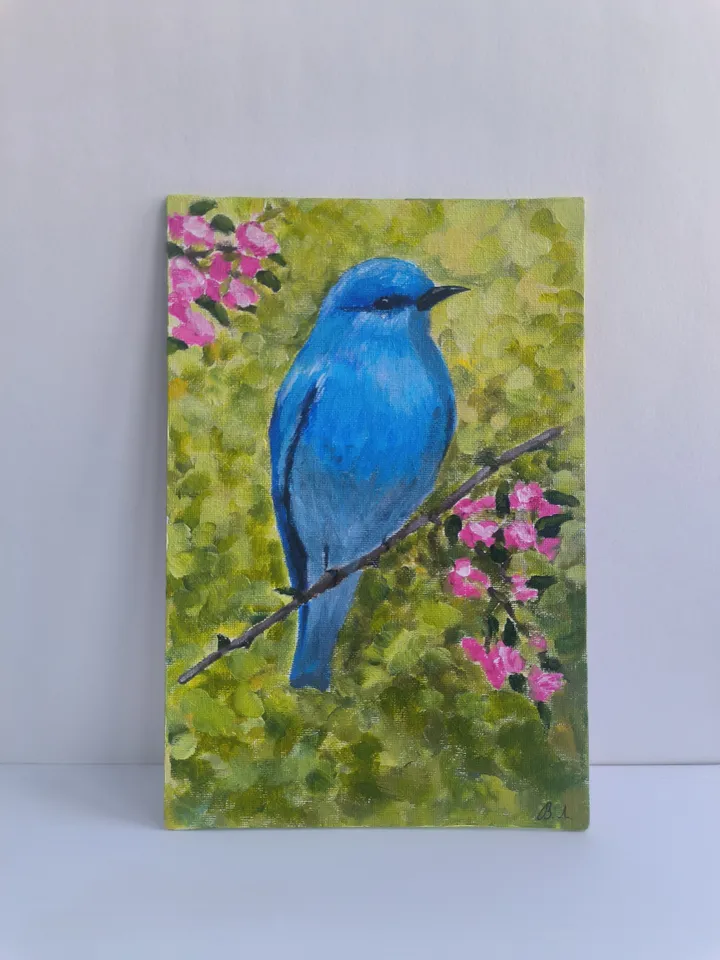 Bird painting, Blue sialia painting, Acrylic painting, Bird, Brightly colored bird