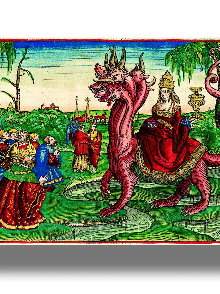 Earthly Kings worship a Whore of Babylon sitting on a Seven-Headed Beast.