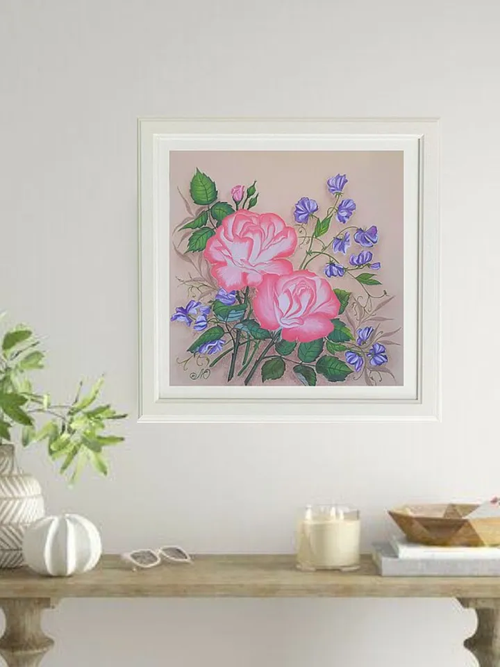 Rose Painting Sweet Pea Original Art Floral Wall Art Flower Soft Pastel Painting