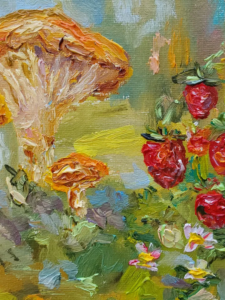 Oil painting on canvas 20x20cm (8x8 inches) "Chanterelles and strawberries"