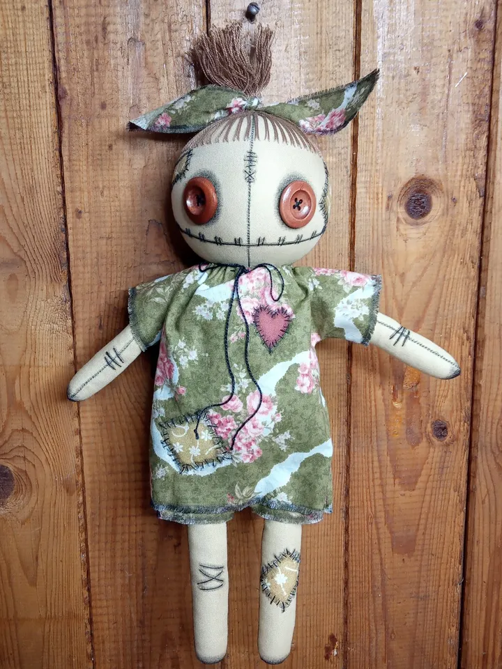 Handmade Doll With Button Eyes (Green)