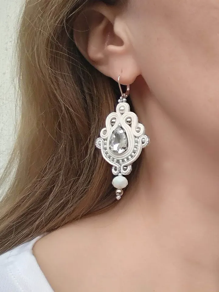 Wedding Earrings, White Silver Bridal earrings, rhinestone earrings, soutache earrings