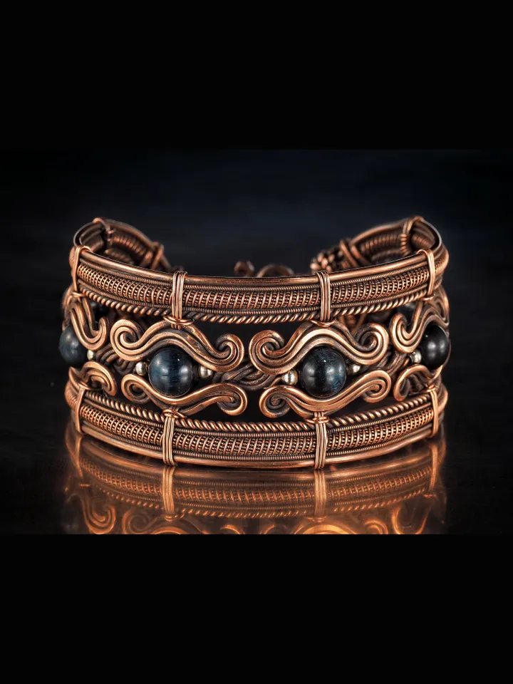 Copper wire bracelet with natural falcon eye, 7th Wedding Anniversary gift