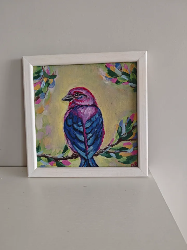 Bird Original Painting Bright Bird Original Art Animal Modern Artwork Multicolored Bird Wall Art Bright Bird Oil Painting 8x8 inches by OlgaSokolovaArt