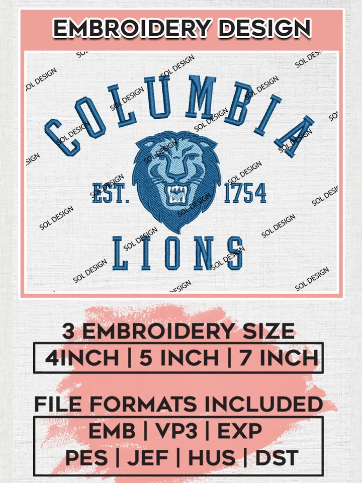 Columbia Lions Est 1754 Embroidery Designs, NCAA Columbia Lions Team Embroidery, NCAA Team Logo, 3 sizes, Machine embroidery Files, Digital Download