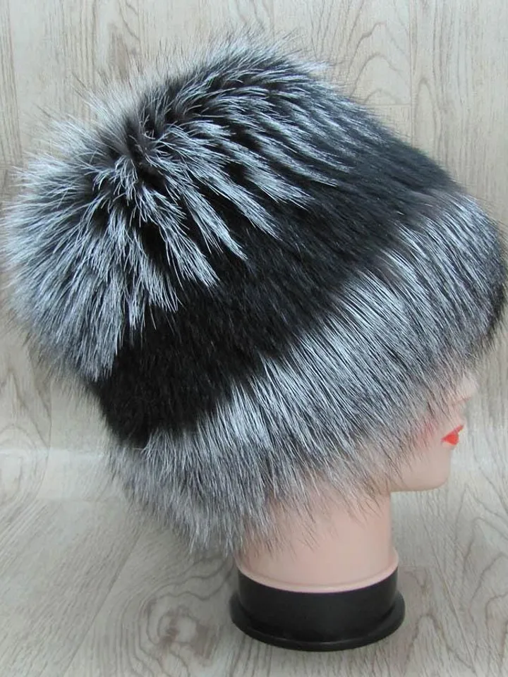 Women's fur hat made of silver fox with arctic fox. Warm hat for winter. Silver hat with black. Sits comfortably on the head