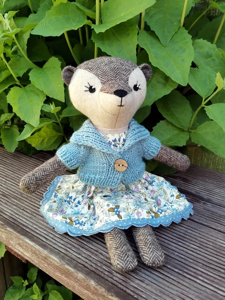 Beige otter girl, handmade plush doll, stuffed otter toy, textile animal doll