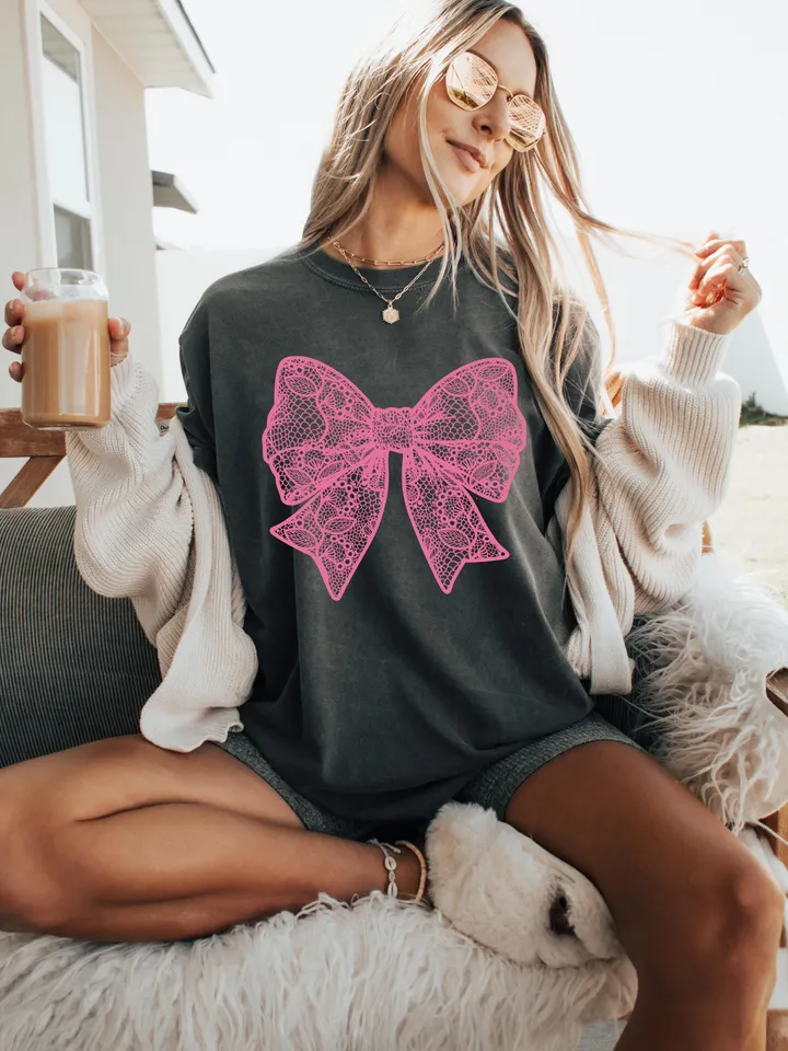 Coquette White Lace Bow PNG Coquette Bow Shirt Design Faux Embroidery Girly Valentines Day PNG Easter PNG Spring Png Mothers Day Girly Png