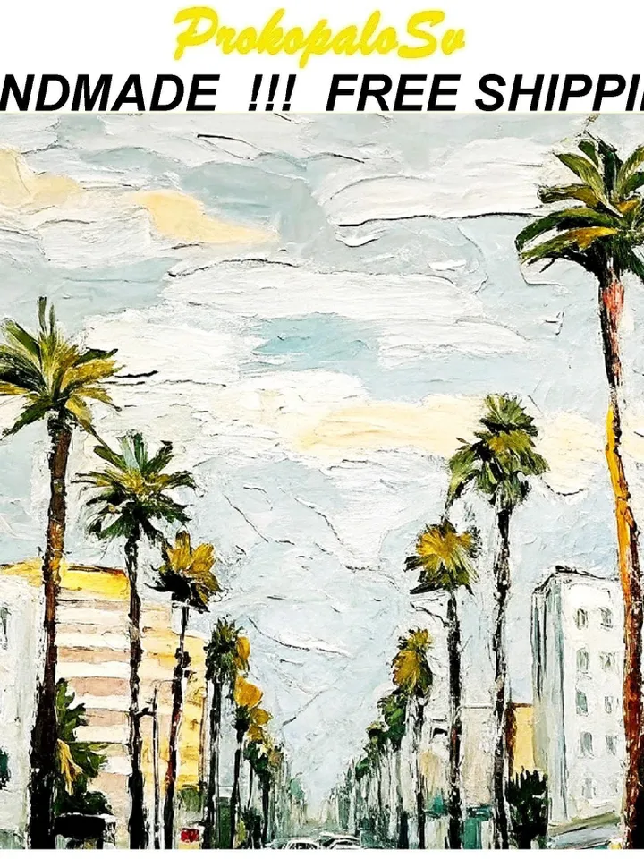 Los Angeles Oil Painting Street Original Art Impasto Scene Sunset Boulevard Impressionist Painting Palm Trees Car Cityscape Art Gift