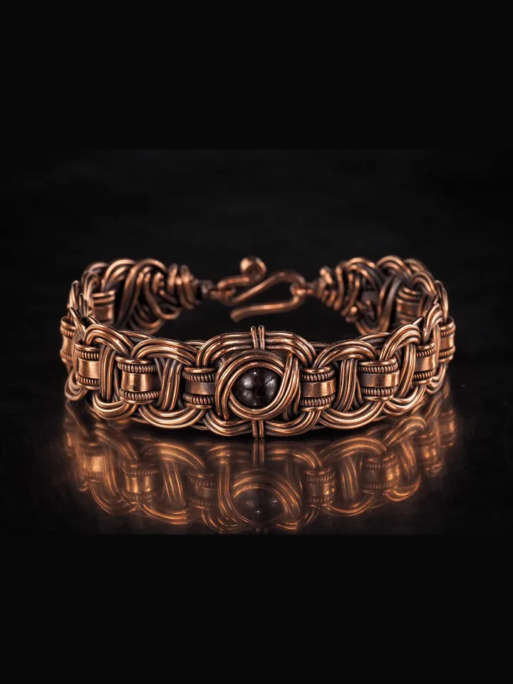 Copper wire wrapped garnet bracelet Unique bangle 7th Wedding Anniversary