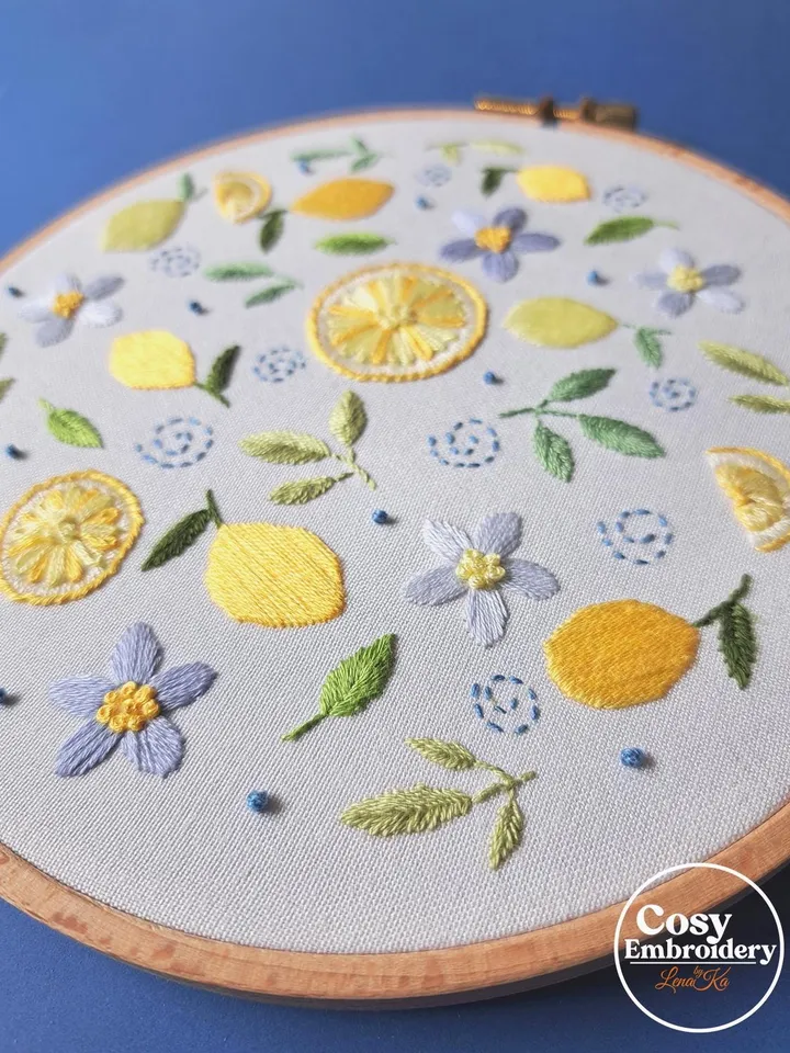 Floral Lemons Hand Embroidery Pattern Step-by-Step Tutorial for Beginners DIY Hoop Art Instant Download PDF Printable Pattern Unique Design