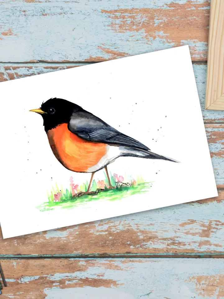 Robin original watercolor, bird on the grass painting, bird portrait room decor, 8x11 in wall art for bird lovers handmade by Anne Gorywine