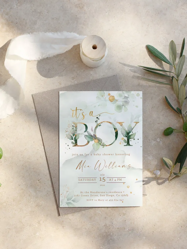 It's a Boy Baby Shower Invitation Template; Greenery Boy baby shower; Green Gold Leaves Baby Boy Invite; Botanical Eucalyptus Baby Shower