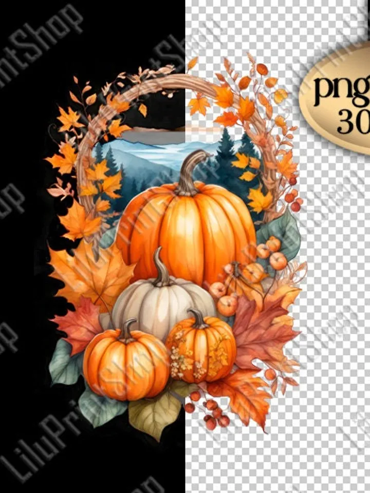 Watercolor Pumpkins clipart Autumn Sublimation Leafs and pumpkin png overlay digital instant download