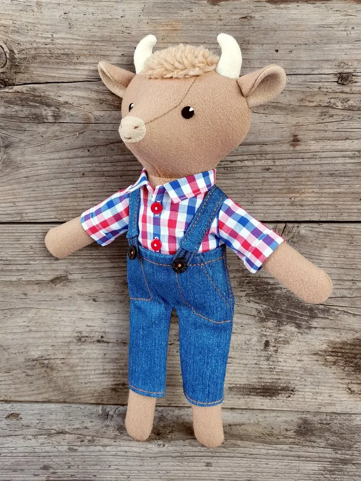 Beige bull, handmade plush cow doll, stuffed wool fabric toy, bull textile doll