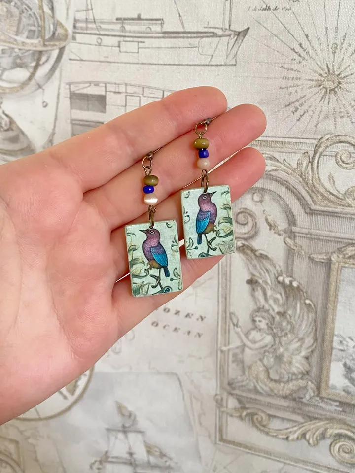 Vintage handmade earrings. Earrings with images of birds.