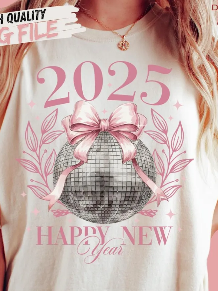 Happy New Year 2025 Png, Disco Ball New Year's PNG, Social Club Coquette Sublimation, Trending Disco Ball, Pink Bow New Year Sublimination